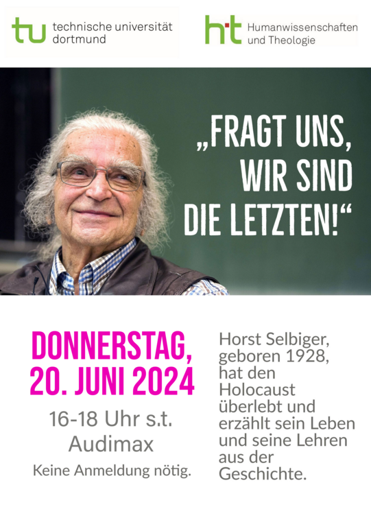 Das Bild zeigt die Einladung zum Vortrag von Horst Selbiger am 20.06.2024 um 16 Uhr im Audimax.