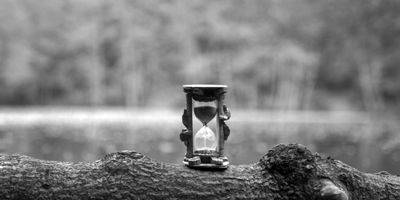 Das Bild zeigt eine Sanduhr auf einem Baumstamm vor einem See und Bäumen. 