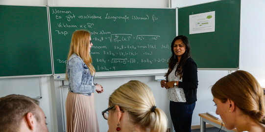 MatheHelpdesk Im Hintergund stehen zwei Personen vor einer Tafel, auf die mit Kreide Formeln geschrieben sind. Im Vordegrund sieht man drei Personen von hinten, die an einem Tisch sitzen.